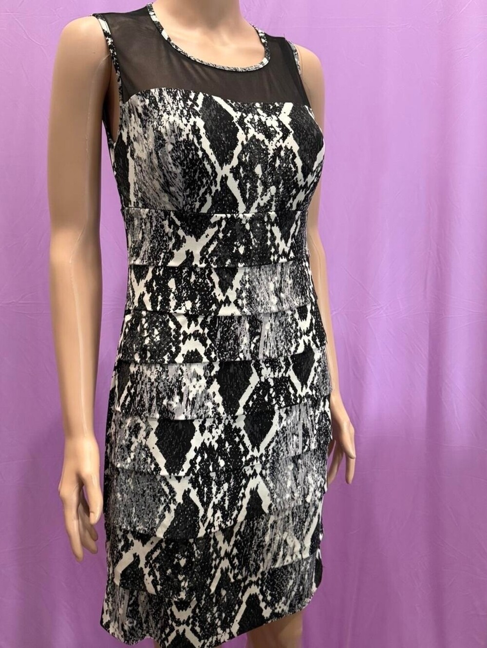 En Focus Studio Womens Snakeskin Print Tiered Mesh Dress Black White 9114-27900